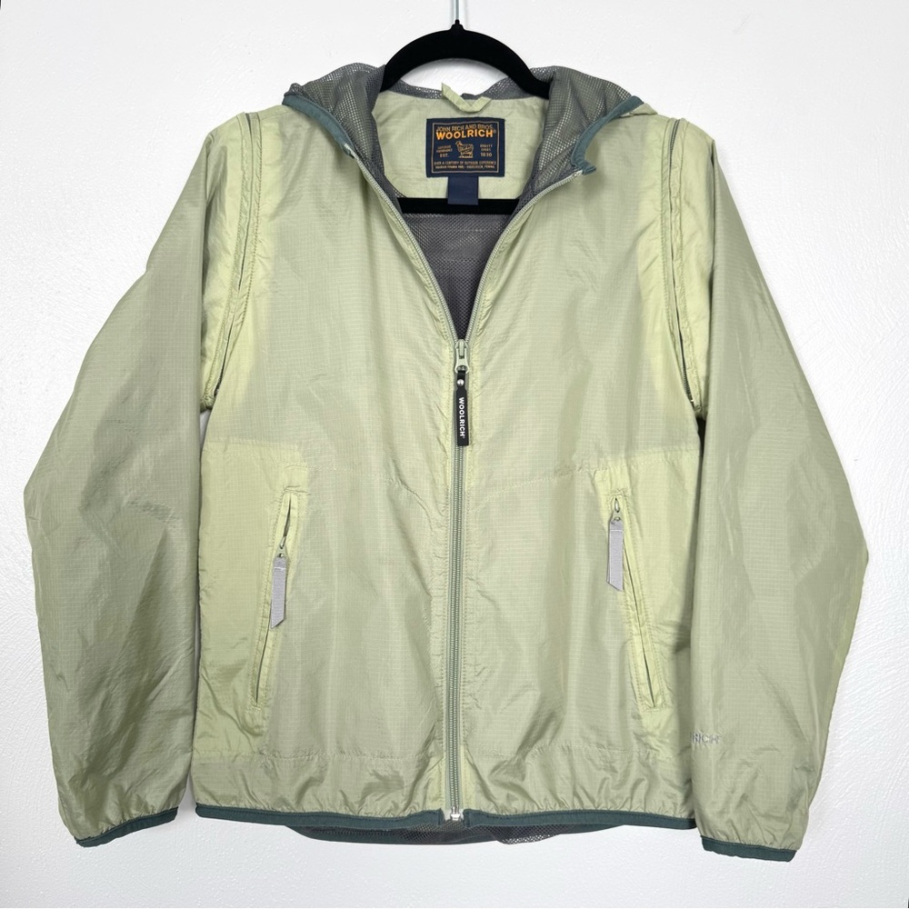 Woolrich Jacket Women Small Green Nylon Windbreaker Removable‎ Sleeves Outdoor